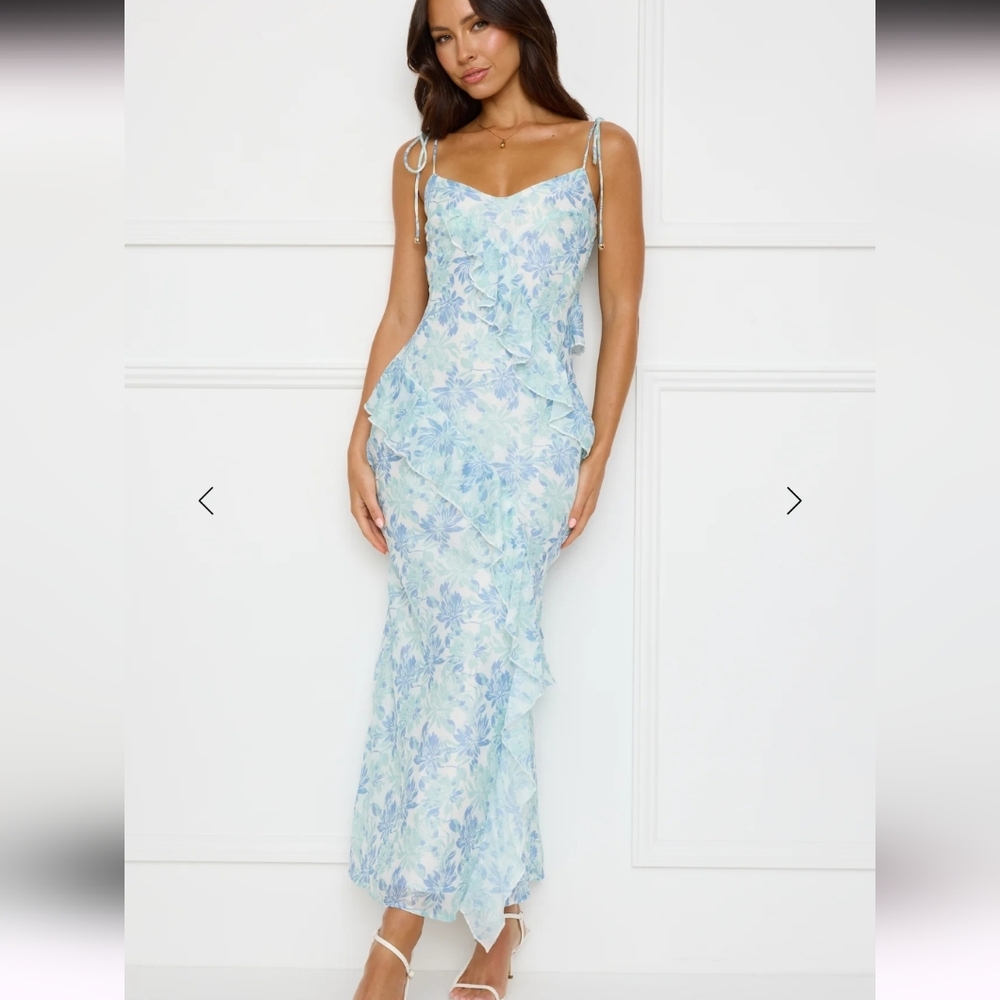 NWTselfie Leslie Botanic Ballet Maxi Dress Floral Blue Dress Boho Bridesmaid S
